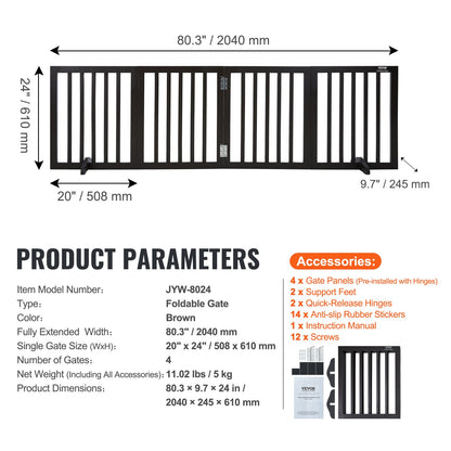 Free Standing Dog Gate, 24" H x 80.3" W Freestanding Pet Gate, 4 Panels Foldable Dog Gate for Wide and Narrow Passageways, Expandable Dog Barrier with Silent Foot Support for Indoor, Brown