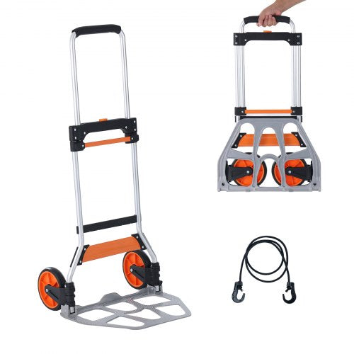 Folding Hand Truck, 124.7 kg Load Capacity, Aluminum Portable Cart, Convertible Hand Truck and Dolly with Telescoping Handle and PP+TPR Wheels, Ultra Lightweight Super Strong for Moving Warehouse