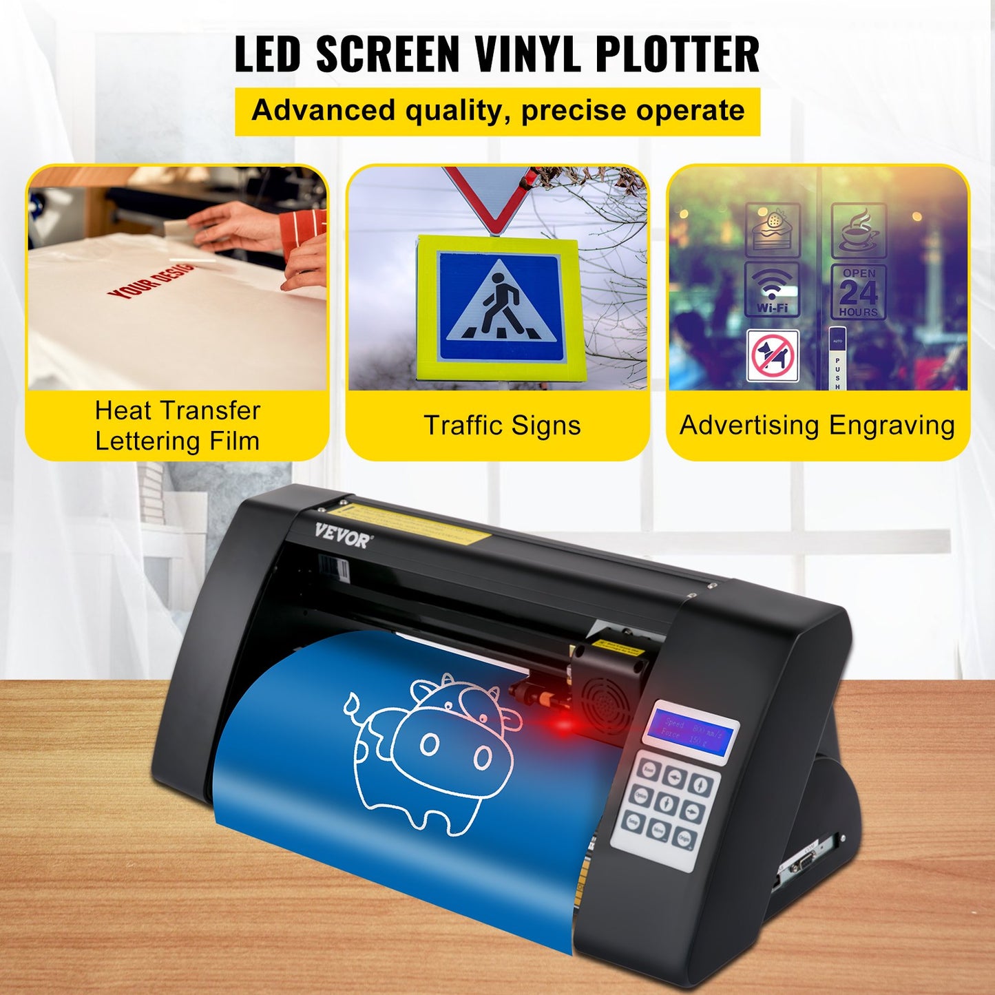 Vinyl Cutter, 375mm Vinyl Plotter, LED Screen Plotter Cutter, Semi-Automatical Built-in Optical Eye for Accurate Guiding, Compatible with SignMaster Software for Windows System Desktop Design