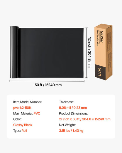 Heat Transfer Vinyl, 304.8 x 15240mm, Glossy Black HTV Iron on Vinyl Roll, Easy to Cut and Weed, Strong Adhesion, Compatible with Cutting Machines, for Various Materials, T-shirts, Pillows, Hats