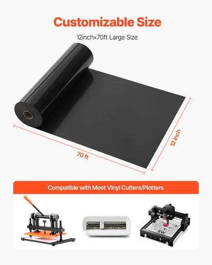 Heat Transfer Vinyl, 304.8 x 21336mm, Glossy Black HTV Iron on Vinyl Roll, Easy to Cut and Weed, Strong Adhesion, Compatible with Cutting Machines, for Various Materials, T-shirts, Pillows, Hats