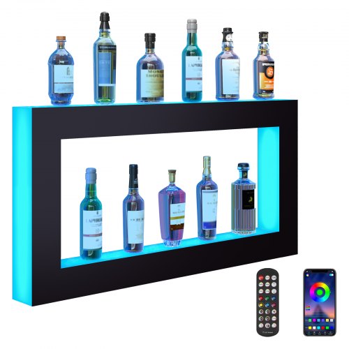 LED Lighted Liquor Bottle Display, Square 48 Inch, Illuminated Home Bar Shelf with RF Remote & App Control 7 Static Colors 1-4 H Timing, Acrylic Wall-Mounted Drinks Lighting Shelf for 24 Bottle