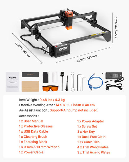 Laser Engraver, 10W Output, Laser Engraving Cutter Machine, 14.9 x 15.7 in/38 x 40 cm Working Area, 10000 mm/min Movement Speed, Compressed Spot with Eye Protection, for Wood, Certain Metal