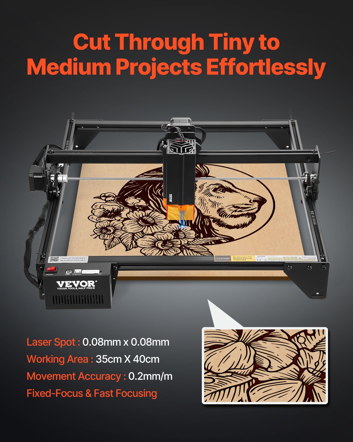 Laser Engraver, 20W Output, Laser Engraving Cutter Machine, 13.7 x 15.7 in/35 x 40 cm Working Area, 10000 mm/min Movement Speed, Compressed Spot with Eye Protection, for Wood, Certain Metal