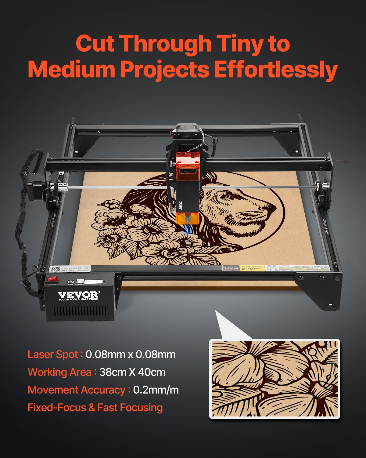 Laser Engraver, 5W Output, Laser Engraving Cutter Machine, 14.9 x 15.7 in/38 x 40 cm Working Area, 10000 mm/min Movement Speed, Compressed Spot with Eye Protection, for Wood, Certain Metal