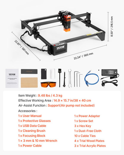Laser Engraver, 5W Output, Laser Engraving Cutter Machine, 14.9 x 15.7 in/38 x 40 cm Working Area, 10000 mm/min Movement Speed, Compressed Spot with Eye Protection, for Wood, Certain Metal