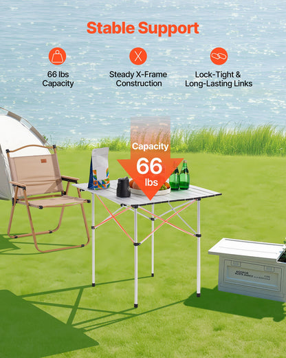 Folding Camping Table, Portable Roll Up Side Tables, Small Lightweight Aluminum Beach Table, Compact with Carry Bag, for Outdoor Cooking, Tailgating, Grilling, Picnic, Travel, Silver