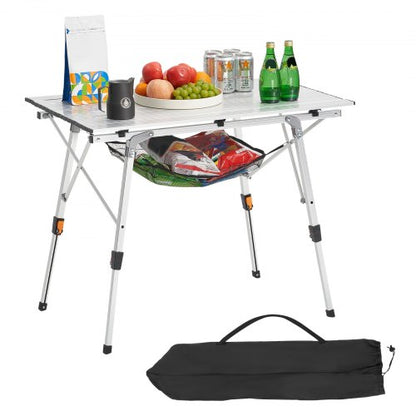 Folding Camping Table, Portable Roll Up Side Tables, Lightweight Aluminum Beach Table with Adjustable Height, Top Mesh Layer and Carry Bag, For Outdoor BBQ Tailgating Picnic, Travel, Silver