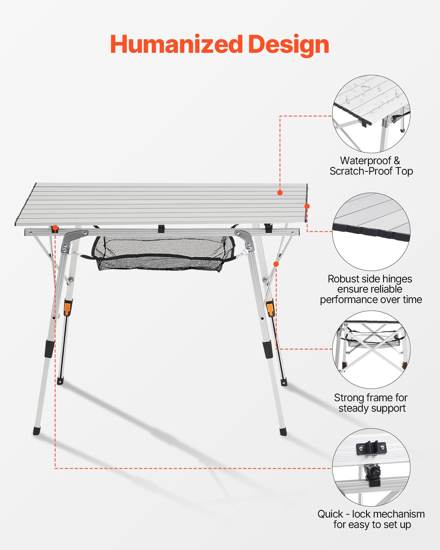 Folding Camping Table, Portable Roll Up Side Tables, Lightweight Aluminum Beach Table with Adjustable Height, Top Mesh Layer and Carry Bag, For Outdoor BBQ Tailgating Picnic, Travel, Silver