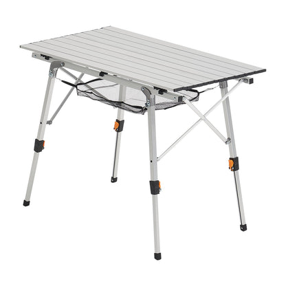 Folding Camping Table, Portable Roll Up Side Tables, Lightweight Aluminum Beach Table with Adjustable Height, Top Mesh Layer and Carry Bag, For Outdoor BBQ Tailgating Picnic, Travel, Silver