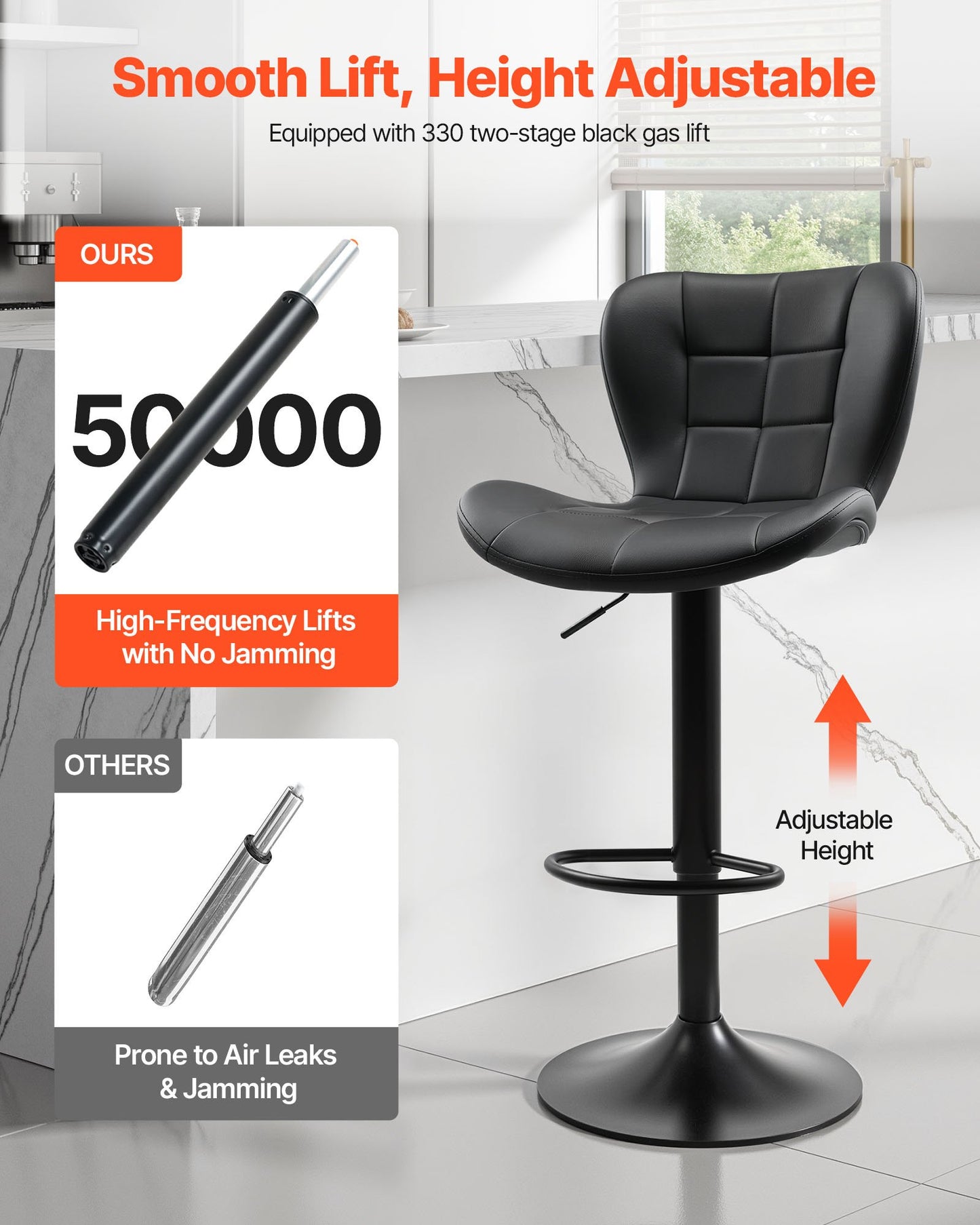 Bar Stool Set of 2, Modern PU Leather Counter Height Stools, Swivel Kitchen Barstool with Back and Footrest, Height Adjustable Armless Bar Chair, Island Barstools for Kitchen, Dining Room, Black