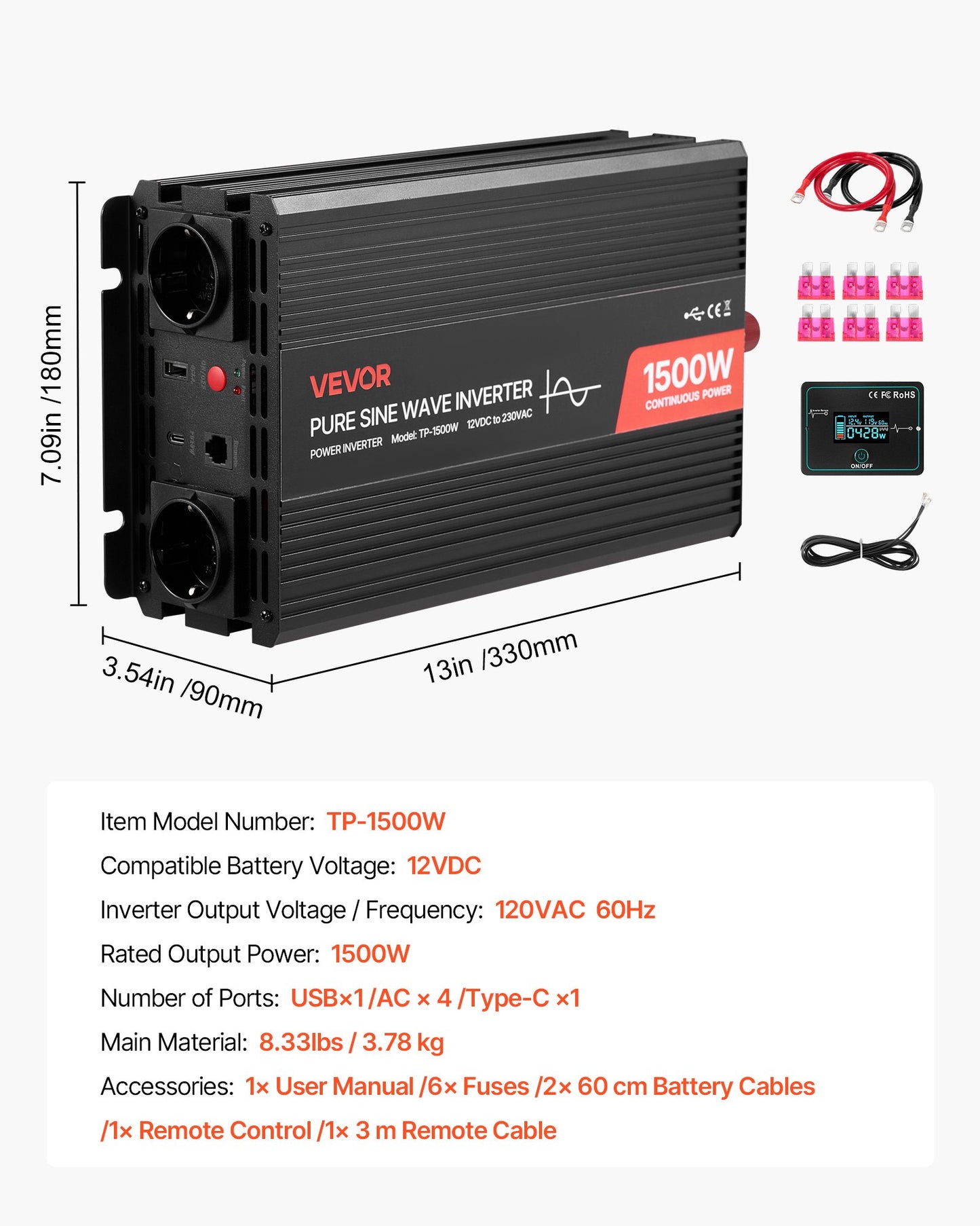 1500W Power Inverter, 12V DC to 230V AC Pure Sine Wave Inverter, Car Charger Converter with Remote Control, USB & Type-C Ports, 2 AC Outlets, Fast-charging for RV, Truck Outdoor Camping