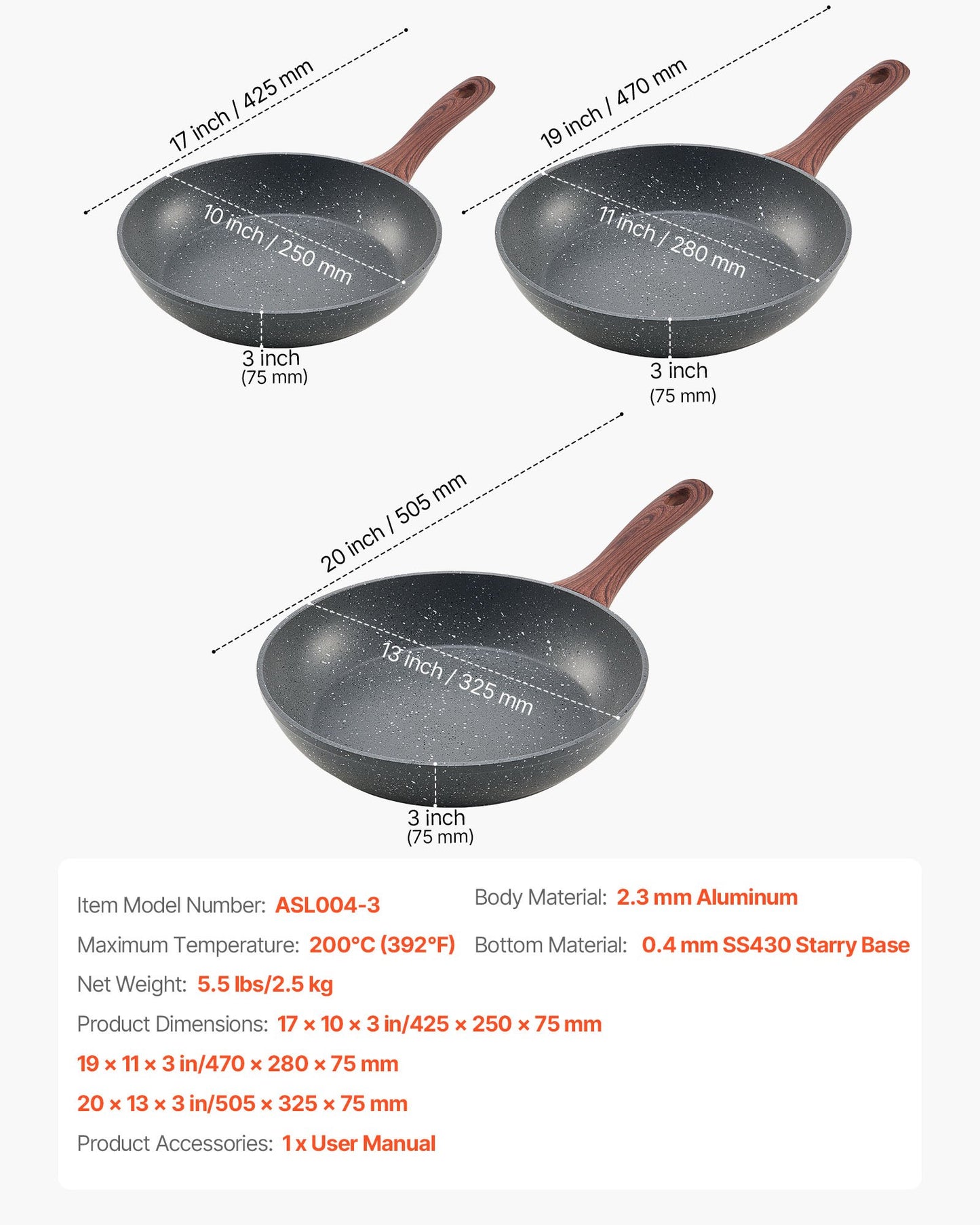 Frying Pan Skillet, Aluminum Egg Fry Pans, 3 Piece Set (250, 280, 325 mm), Nonsitck Heavy-Duty Skillets with Heat-Resistant Handle, Chef's Kitchen Cookware, for Gas, Electric, Induction, Grey