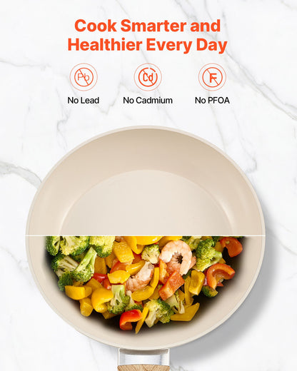 Frying Pan Skillet, Aluminum Egg Fry Pans, 3 Pcs (200, 240, 280 mm), Nonsitck Ceramic Heavy-Duty Skillets with Heat-Resistant Handle, Chef's Kitchen Cookware for Gas, Electric, Induction, Beige