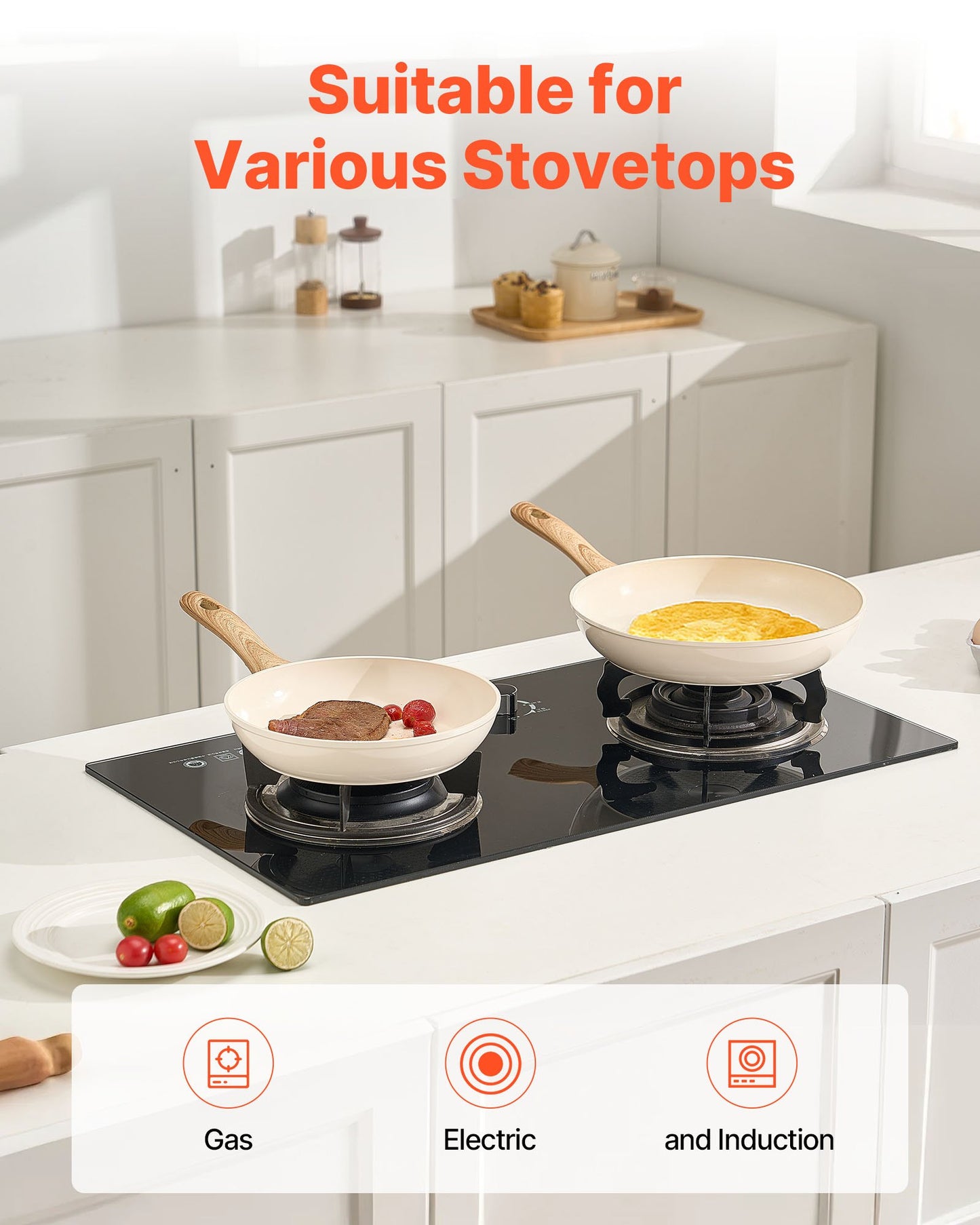 Frying Pan Skillet, Aluminum Egg Fry Pans, 3 Pcs (200, 240, 280 mm), Nonsitck Ceramic Heavy-Duty Skillets with Heat-Resistant Handle, Chef's Kitchen Cookware for Gas, Electric, Induction, Beige