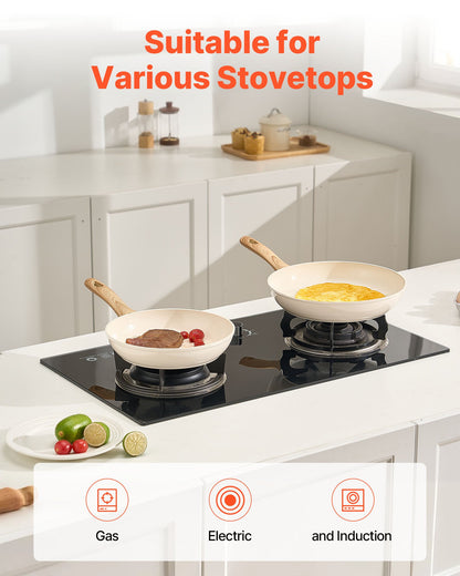 Frying Pan Skillet, Aluminum Egg Fry Pans, 3 Pcs (200, 240, 280 mm), Nonsitck Ceramic Heavy-Duty Skillets with Heat-Resistant Handle, Chef's Kitchen Cookware for Gas, Electric, Induction, Beige