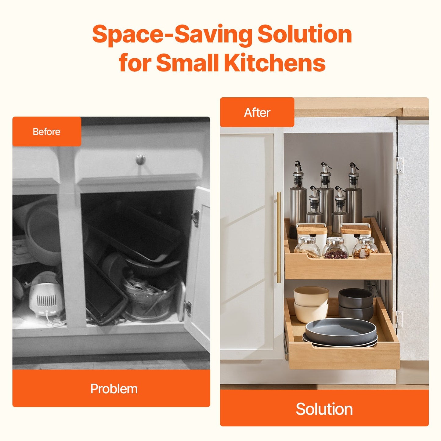 2 Tier Pull Out Cabinet Organizer, 14"W x 21"D Cabinet Drawer, Soft Close Slide out Shelf, Heavy-Duty Sliding Wood Drawer, Adjustable Base Cabinet Organization for Kitchen Pantry Bathroom