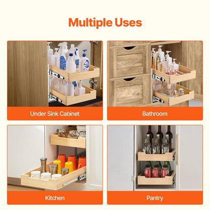 2 Tier Pull Out Cabinet Organizer, 14"W x 21"D Cabinet Drawer, Soft Close Slide out Shelf, Heavy-Duty Sliding Wood Drawer, Adjustable Base Cabinet Organization for Kitchen Pantry Bathroom