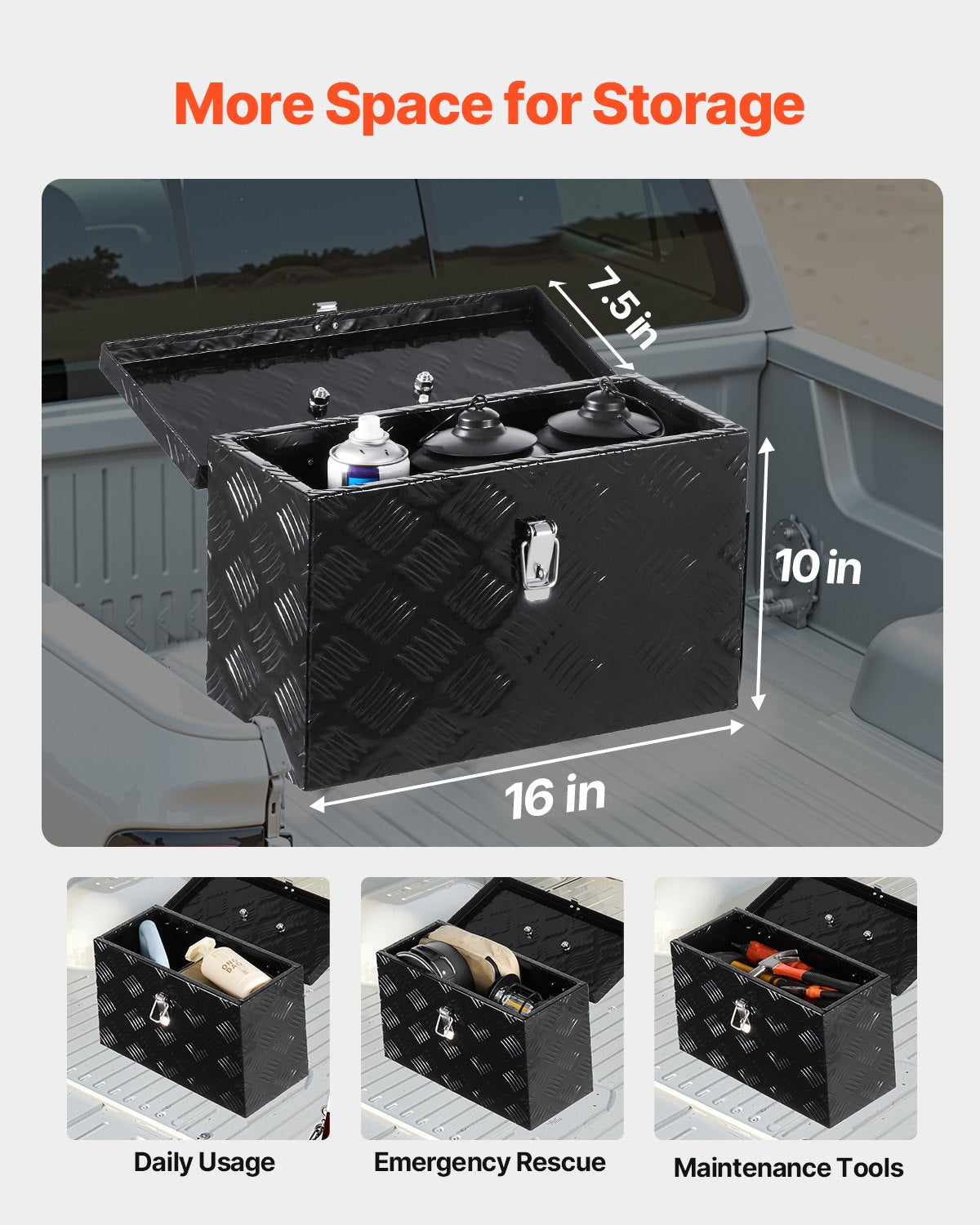 Heavy Duty Aluminum Truck Bed Tool Box, Stripes Plated Tool Box with Side Handle and Top Handle, Storage Toolbox Chest Organizer for Trailer, Pickup, RV, 16"x7.5"x10"(406x190x254mm), Black