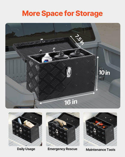 Heavy Duty Aluminum Truck Bed Tool Box, Stripes Plated Tool Box with Side Handle and Top Handle, Storage Toolbox Chest Organizer for Trailer, Pickup, RV, 16"x7.5"x10"(406x190x254mm), Black