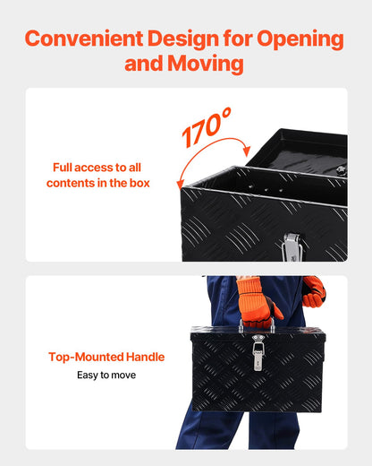 Heavy Duty Aluminum Truck Bed Tool Box, Stripes Plated Tool Box with Side Handle and Top Handle, Storage Toolbox Chest Organizer for Trailer, Pickup, RV, 16"x7.5"x10"(406x190x254mm), Black