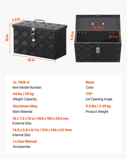Heavy Duty Aluminum Truck Bed Tool Box, Stripes Plated Tool Box with Side Handle and Top Handle, Storage Toolbox Chest Organizer for Trailer, Pickup, RV, 16"x7.5"x10"(406x190x254mm), Black