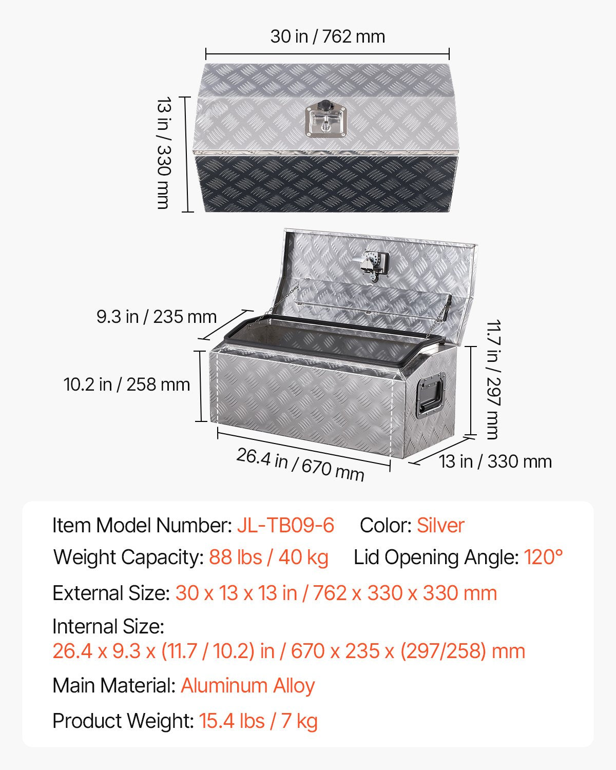 Heavy Duty Aluminum Truck Bed Tool Box, Stripes Plated Tool Box with Side Handle and T-Lock Keys, Storage Toolbox Chest Organizer for Trailer, Pickup, RV, 30"x13"x13"(762x330.2x330.2mm), Silver