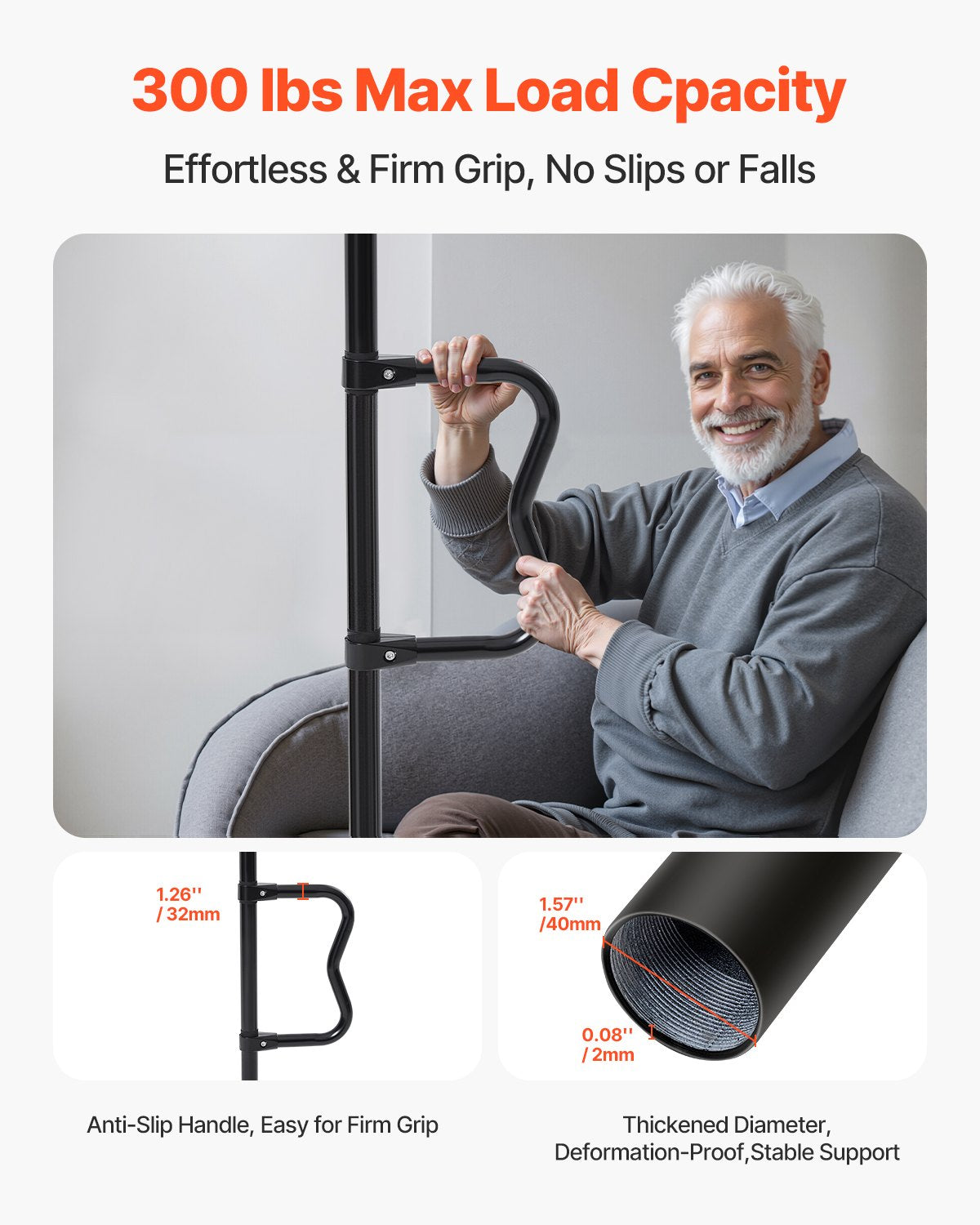 Floor-to-Ceiling Transfer Pole, Tension Mounted Bathroom Grab Bar with Anti-Slip Curve Handle, 300 Lbs Capacity Security Pole for Elderly, Ideal Senior Safety Pole for 7-10 Ft Ceilings, Black