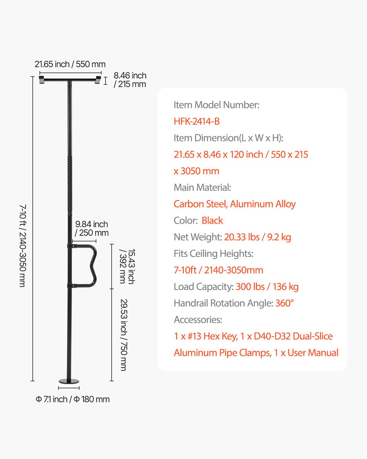 Floor-to-Ceiling Transfer Pole, Tension Mounted Bathroom Grab Bar with Anti-Slip Curve Handle, 300 Lbs Capacity Security Pole for Elderly, Ideal Senior Safety Pole for 7-10 Ft Ceilings, Black
