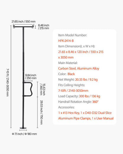 Floor-to-Ceiling Transfer Pole, Tension Mounted Bathroom Grab Bar with Anti-Slip Curve Handle, 300 Lbs Capacity Security Pole for Elderly, Ideal Senior Safety Pole for 7-10 Ft Ceilings, Black