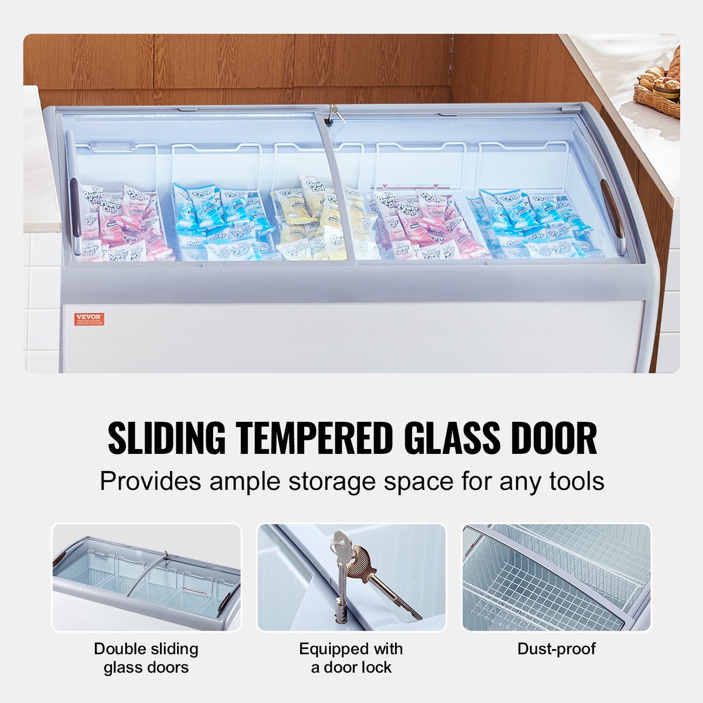 Commercial Ice Cream Display Case, 460 L Chest Freezer, Mobile Glass Top Deep Freezer, Restaurant Gelato Dipping Cabinet with 5 Wire Baskets, 2 Sliding Glass Doosr, Locking Casters, White