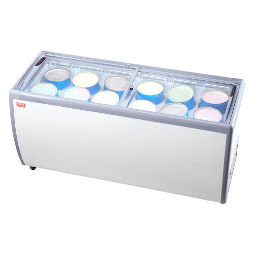 Commercial Ice Cream Display Case, 567 L Chest Freezer, Mobile Glass Top Deep Freezer, Restaurant Gelato Dipping Cabinet with 12 Large Tubs, 2 Sliding Glass Doors, Locking Casters, White
