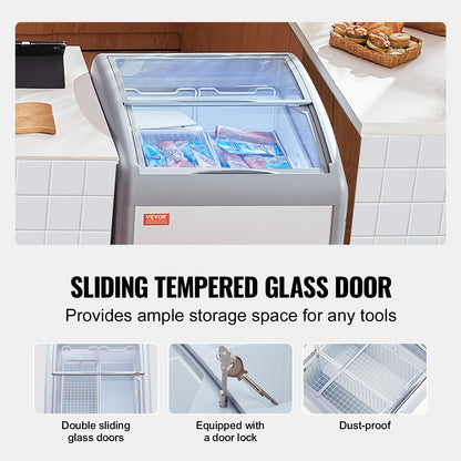 Gewerbliche Eiscreme-Vitrine, 154-Liter-Gefriertruhe, mobiler Tiefkühlschrank mit Glasdeckel, Eiscreme-Auslage für Restaurants mit 2 Drahtkörben, 2 Glasschiebetüren, feststellbaren Rollen, weiß