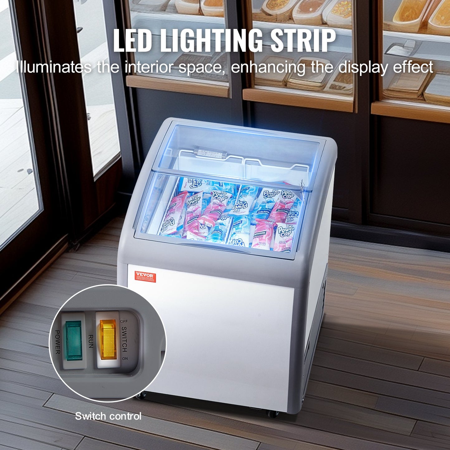 Gewerbliche Eiscreme-Vitrine, 154-Liter-Gefriertruhe, mobiler Tiefkühlschrank mit Glasdeckel, Eiscreme-Auslage für Restaurants mit 2 Drahtkörben, 2 Glasschiebetüren, feststellbaren Rollen, weiß