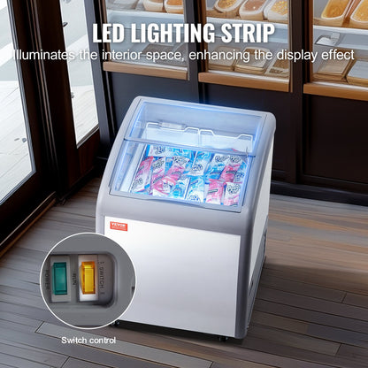 Gewerbliche Eiscreme-Vitrine, 154-Liter-Gefriertruhe, mobiler Tiefkühlschrank mit Glasdeckel, Eiscreme-Auslage für Restaurants mit 2 Drahtkörben, 2 Glasschiebetüren, feststellbaren Rollen, weiß