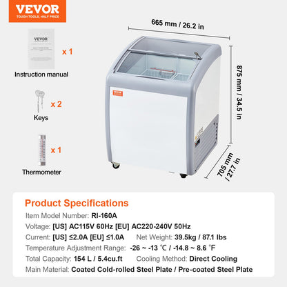 Gewerbliche Eiscreme-Vitrine, 154-Liter-Gefriertruhe, mobiler Tiefkühlschrank mit Glasdeckel, Eiscreme-Auslage für Restaurants mit 2 Drahtkörben, 2 Glasschiebetüren, feststellbaren Rollen, weiß