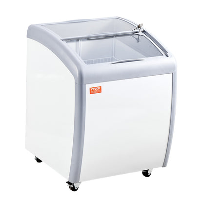 Gewerbliche Eiscreme-Vitrine, 154-Liter-Gefriertruhe, mobiler Tiefkühlschrank mit Glasdeckel, Eiscreme-Auslage für Restaurants mit 2 Drahtkörben, 2 Glasschiebetüren, feststellbaren Rollen, weiß