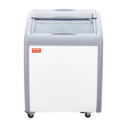 Gewerbliche Eiscreme-Vitrine, 154-Liter-Gefriertruhe, mobiler Tiefkühlschrank mit Glasdeckel, Eiscreme-Auslage für Restaurants mit 2 Drahtkörben, 2 Glasschiebetüren, feststellbaren Rollen, weiß