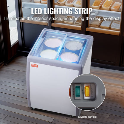 Gewerbliche Eiscreme-Vitrine, 158-Liter-Gefriertruhe, mobiler Tiefkühlschrank mit Glasdeckel, Eiscreme-Auslage für Restaurants, 2 Glasschiebetüren, feststellbare Rollen, weiß