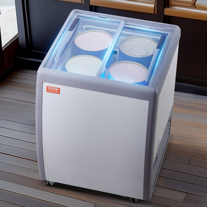 Gewerbliche Eiscreme-Vitrine, 158-Liter-Gefriertruhe, mobiler Tiefkühlschrank mit Glasdeckel, Eiscreme-Auslage für Restaurants, 2 Glasschiebetüren, feststellbare Rollen, weiß