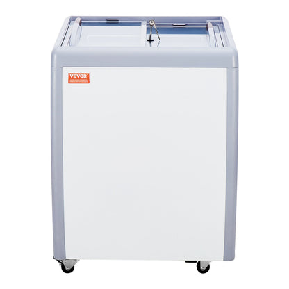 Gewerbliche Eiscreme-Vitrine, 158-Liter-Gefriertruhe, mobiler Tiefkühlschrank mit Glasdeckel, Eiscreme-Auslage für Restaurants, 2 Glasschiebetüren, feststellbare Rollen, weiß