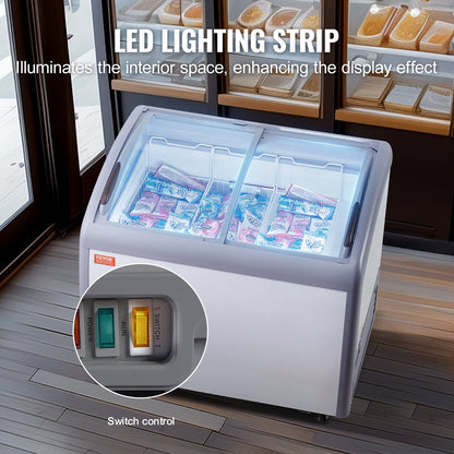 Gewerbliche Eiscreme-Vitrine, 264-Liter-Gefriertruhe, mobiler Tiefkühlschrank mit Glasdeckel, Eiscreme-Auslage für Restaurants mit 3 Drahtkörben, 2 Glasschiebetüren, feststellbaren Rollen, weiß