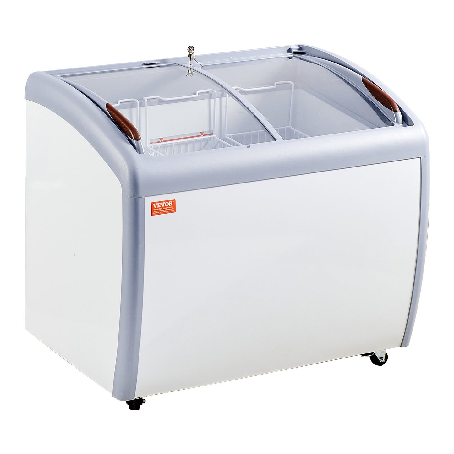 Gewerbliche Eiscreme-Vitrine, 264-Liter-Gefriertruhe, mobiler Tiefkühlschrank mit Glasdeckel, Eiscreme-Auslage für Restaurants mit 3 Drahtkörben, 2 Glasschiebetüren, feststellbaren Rollen, weiß