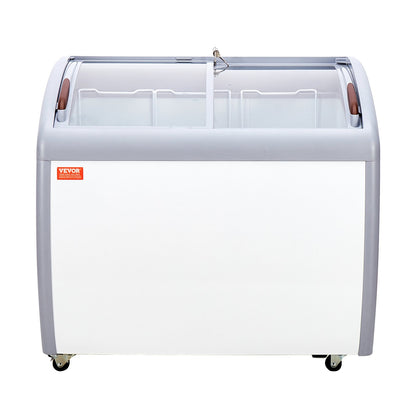 Gewerbliche Eiscreme-Vitrine, 264-Liter-Gefriertruhe, mobiler Tiefkühlschrank mit Glasdeckel, Eiscreme-Auslage für Restaurants mit 3 Drahtkörben, 2 Glasschiebetüren, feststellbaren Rollen, weiß