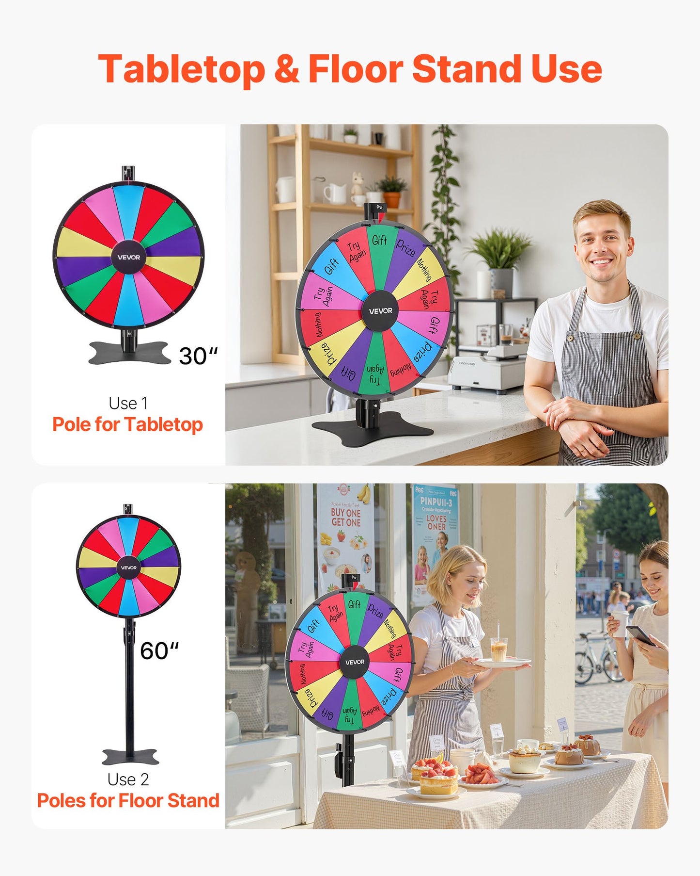 610 mm Spinning Prize Wheel, 14 Slots Spinning Wheel with Stand, Adjustable Height Win Fortune Roulette with a Dry Erase and 2 Markers, 6 Colors, Easy Assembly, for Party Pub Trade Show Carnival