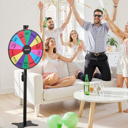 610 mm Spinning Prize Wheel, 14 Slots Spinning Wheel with Stand, Adjustable Height Win Fortune Roulette with a Dry Erase and 2 Markers, 6 Colors, Easy Assembly, for Party Pub Trade Show Carnival