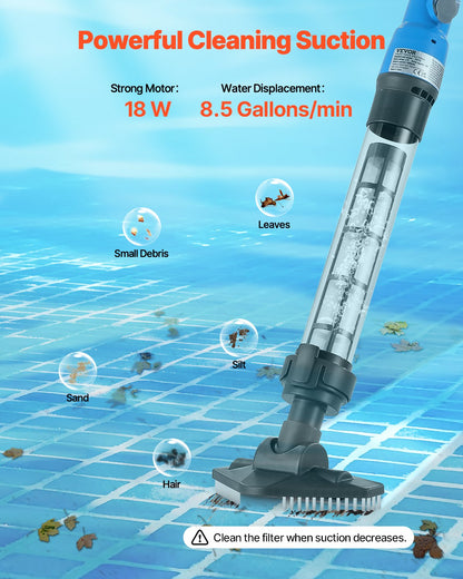 Pool Vacuum, 8.5 GPM Handheld Cordless Hot Tub Vacuum with Extension Pole, for Deep Cleaning & Strong Suction, Rechargeable Pool Cleaner, Running up to 1Hour, for Above Ground/Inground Pool Spas