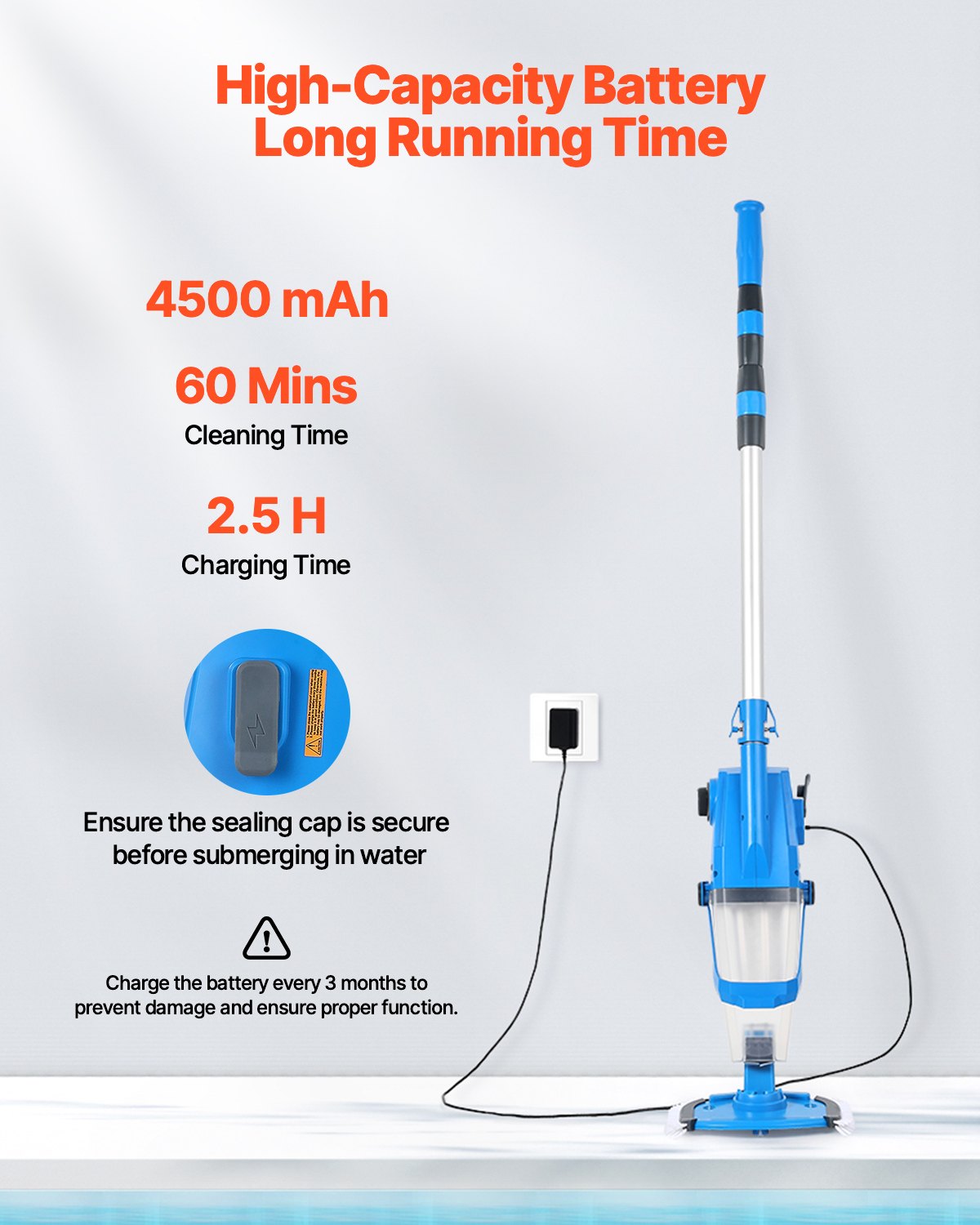 Pool Vacuum, 26 GPM Handheld Cordless Hot Tub Vacuum with Extension Pole, for Deep Cleaning & Strong Suction, Rechargeable Pool Cleaner, Running up to 1Hour, for Above Ground/Inground Pool Spas
