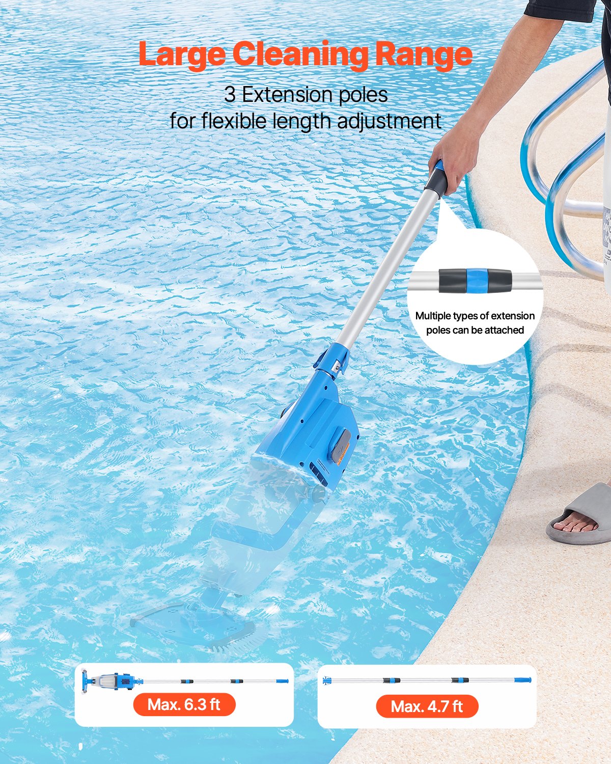 Pool Vacuum, 26 GPM Handheld Cordless Hot Tub Vacuum with Extension Pole, for Deep Cleaning & Strong Suction, Rechargeable Pool Cleaner, Running up to 1Hour, for Above Ground/Inground Pool Spas