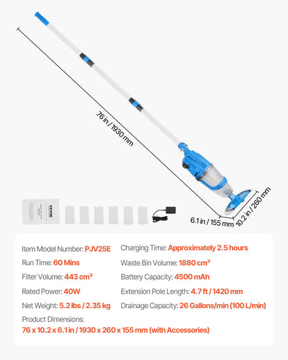 Pool Vacuum, 26 GPM Handheld Cordless Hot Tub Vacuum with Extension Pole, for Deep Cleaning & Strong Suction, Rechargeable Pool Cleaner, Running up to 1Hour, for Above Ground/Inground Pool Spas
